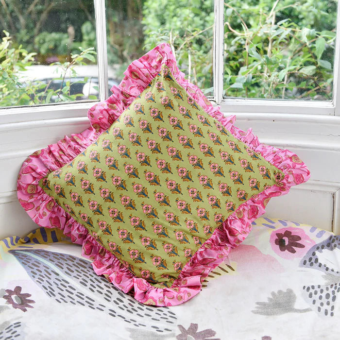 Green Floral Cushion With Pink Ruffle Trim