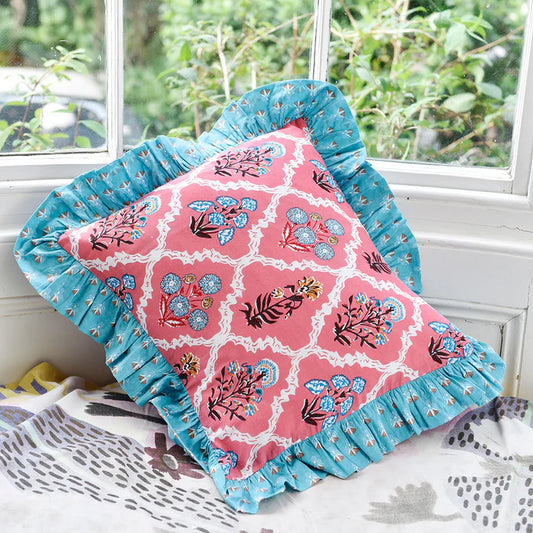 Pink Floral Cushion With Blue Ruffle Trim