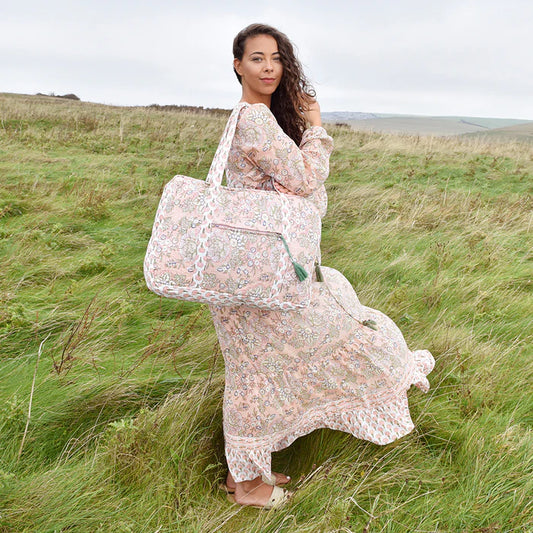 Peach & Green Quilted Tote bag With Zip Top