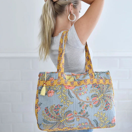 Grey, Coral and Mustard Quilted Tote Bag With Zip