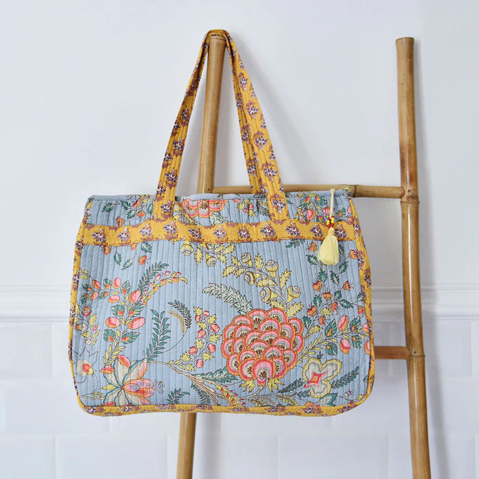 Grey, Coral and Mustard Quilted Tote Bag With Zip